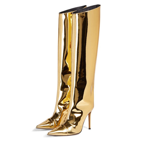 Gold Fashion Forward Metallic Knee High Stiletto Boots