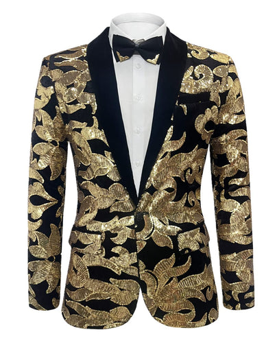 Gold Men's Sequin Floral Party Long Sleeve Blazer