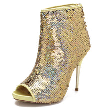 Load image into Gallery viewer, Gold Sequined Stiletto Glitter Open Toe Ankle Booties