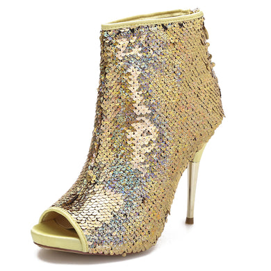 Gold Sequined Stiletto Glitter Open Toe Ankle Booties
