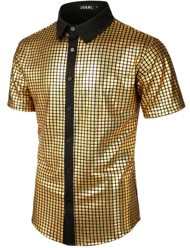 Men's Gold Metallic Sequin Shiny Short Sleeve Shirt