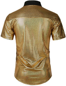 Men's Gold Metallic Sequin Shiny Short Sleeve Shirt