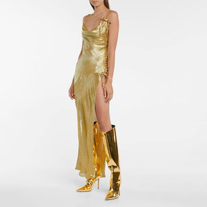 Gold Fashion Forward Metallic Knee High Stiletto Boots