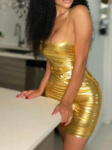 Gold Ruched Cocktail Party Mini Dress