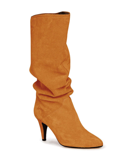 Gold Brown Slouchy Kitten Heel Wide Calf Boots