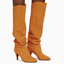 Load image into Gallery viewer, Gold Brown Slouchy Kitten Heel Wide Calf Boots