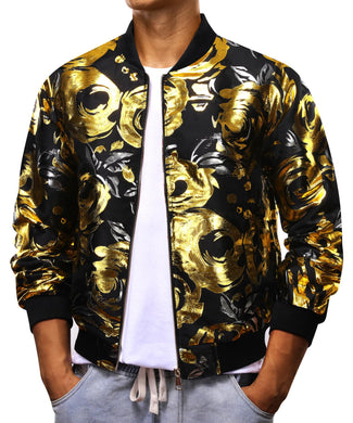 Gold Flower Men's Designer Style Printed Bomber Jacket