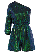 Load image into Gallery viewer, Hunter Green One Shoulder Sequin Shorts Romper
