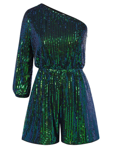 Hunter Green One Shoulder Sequin Shorts Romper