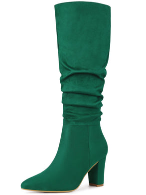 Green Slouchy Pointy Toe Knee High Boots