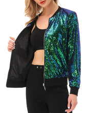 Load image into Gallery viewer, Green Sequin Embellished Bomber Long Sleeve Jacket