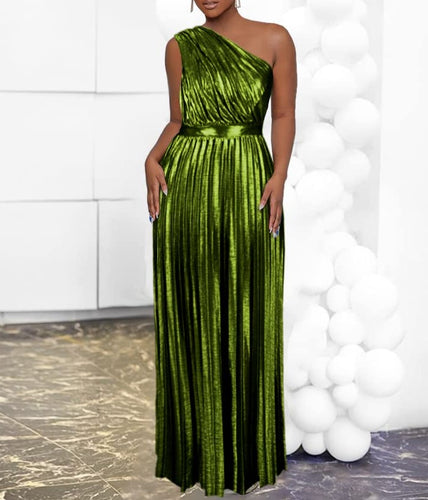 Metallic Green Pleated One Shoulder Maxi Dress