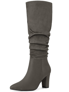Grey Slouchy Pointy Toe Knee High Boots