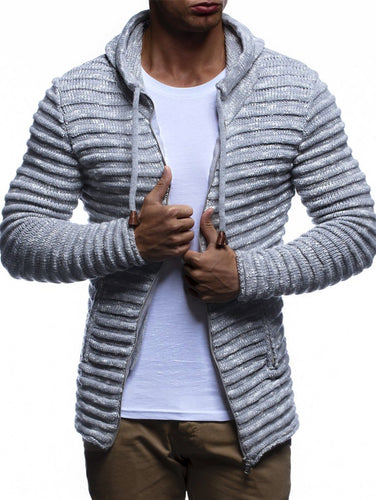 Men's Grey Rippled Long Sleeve Knit Hoodie