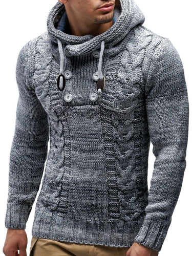 Grey Men's Hooded Cable Knit Long Sleeve Sweater