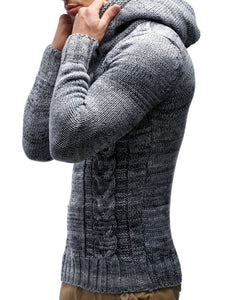 Grey Men's Hooded Cable Knit Long Sleeve Sweater