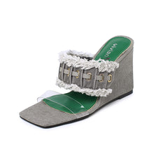 Load image into Gallery viewer, Grey Denim Open Toe Frayed Clear Wedge Sandals