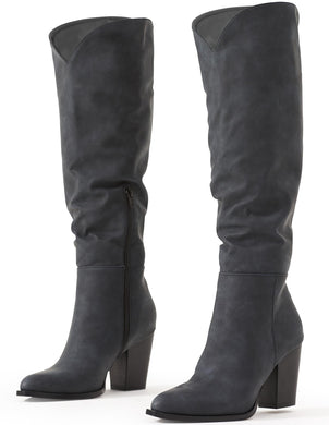 Grey Black Suede Pointed Toe Knee High Boots