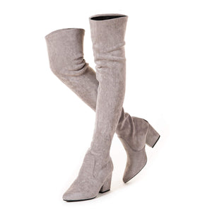 Zippered Thigh High Grey Suede Over The Knee Stretch Boot