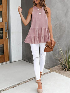 Soft Summer Pink Ruffled Sleeveless Babydoll Blouse