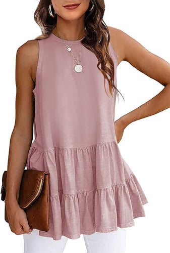 Soft Summer Pink Ruffled Sleeveless Babydoll Blouse