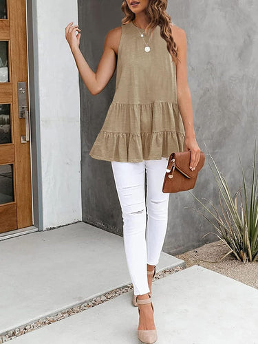 Soft Summer Taupe Ruffled Sleeveless Babydoll Blouse