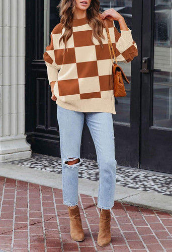 Slouchy Checkered Beige Loose Fit Warm Oversized Long Sleeve Sweater