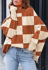 Slouchy Checkered Pink/Orange Loose Fit Warm Oversized Long Sleeve Sweater