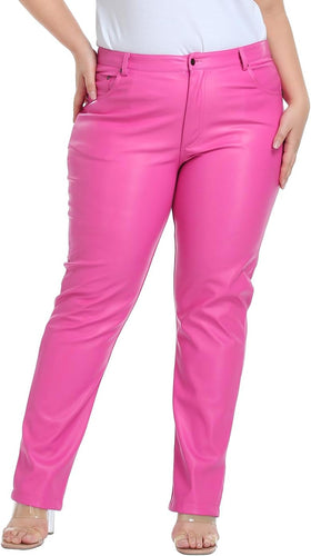 Plus Size Pink Faux Leather Pocketed Pants