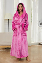 Load image into Gallery viewer, Warm Fleece Black Long Plush Hooded Bathrobe