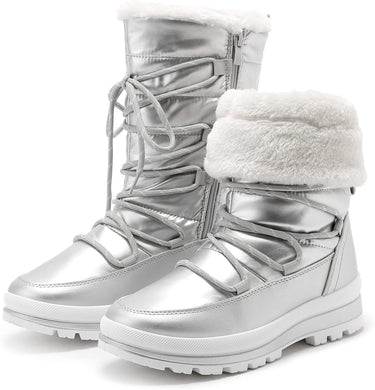 Winter Style Silver Side Zipper Lace Up Fur Snow Boots