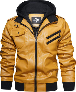 Men's Eco Leather Hooded Long Yellow Sleeve Moto Jacket