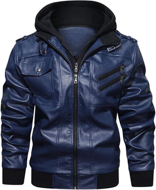 Men's Eco Leather Hooded Long Navy Blue Sleeve Moto Jacket