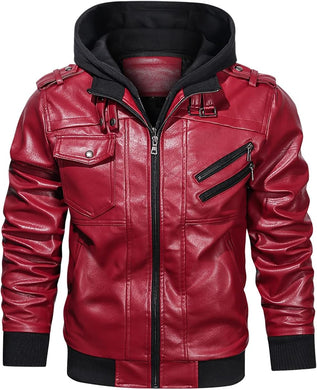 Men's Eco Leather Hooded Long Red Sleeve Moto Jacket