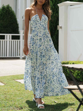 Boho Dream Blue Floral Halter Maxi Dress