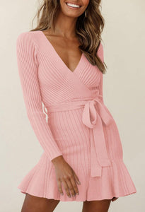 Ruffled Knit Beige Long Sleeve Wrap Style Sweater Dress