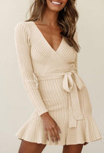 Load image into Gallery viewer, Ruffled Knit Beige Long Sleeve Wrap Style Sweater Dress