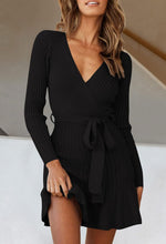 Load image into Gallery viewer, Ruffled Knit Black Long Sleeve Wrap Style Sweater Dress