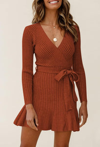Ruffled Knit Black Long Sleeve Wrap Style Sweater Dress