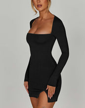 Load image into Gallery viewer, Black Ribbed Long Sleeve Square Neck Mini Dress