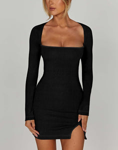 Black Ribbed Long Sleeve Square Neck Mini Dress