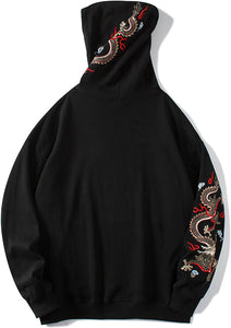 Men's Black Japanese Dragon Printed Long Sleeve Hoodie