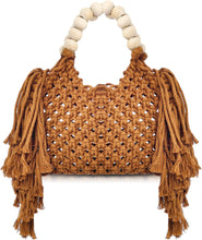 Load image into Gallery viewer, Handwoven Beaded Handle Fringe Khaki Handbag