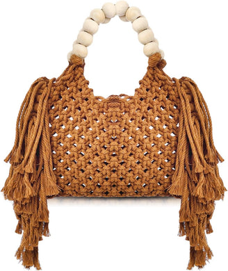 Handwoven Beaded Handle Fringe Khaki Handbag