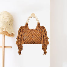 Load image into Gallery viewer, Handwoven Beaded Handle Fringe Khaki Handbag