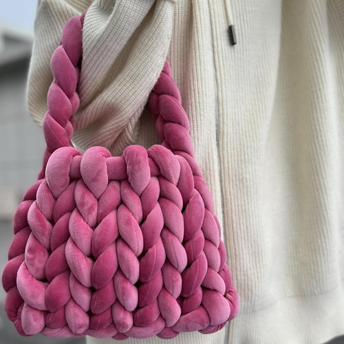 Handwoven Chunky Yarn Knit Pink Shoulder Bag Handmade Braided Purse