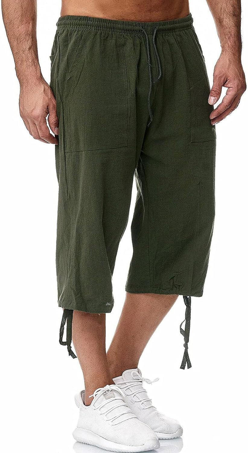 Men's Green Summer Linen Drawstring Capri Shorts