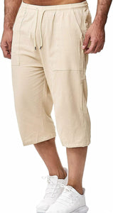 Men's Khaki Summer Linen Drawstring Capri Shorts