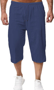 Men's Light Blue Summer Linen Drawstring Capri Shorts