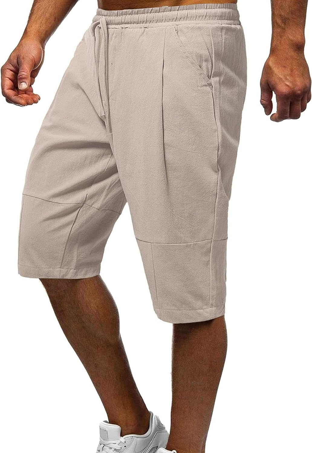 Men's Khaki Summer Linen Drawstring Capri Shorts